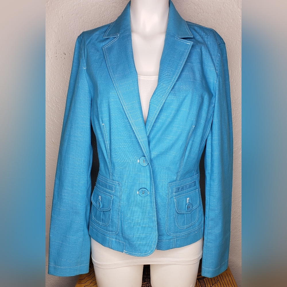VTG Renfrew Collection Ladies Blazer Sky Blue 2 Button Box Seat Flap Pocket Sz 6